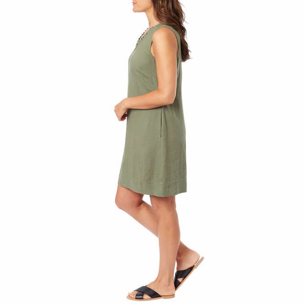 Briggs Ladies' Ruffle V-Neck Linen Blend Dress - Green - Picture 2 of 4